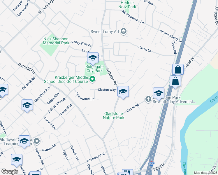 map of restaurants, bars, coffee shops, grocery stores, and more near 1160 Clayton Way in Gladstone