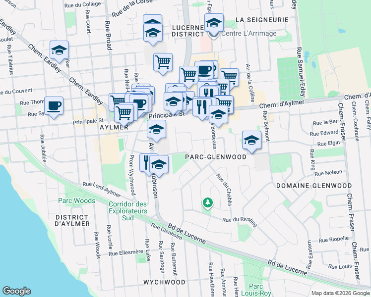 map of restaurants, bars, coffee shops, grocery stores, and more near 13 Rue du Barsac in Gatineau