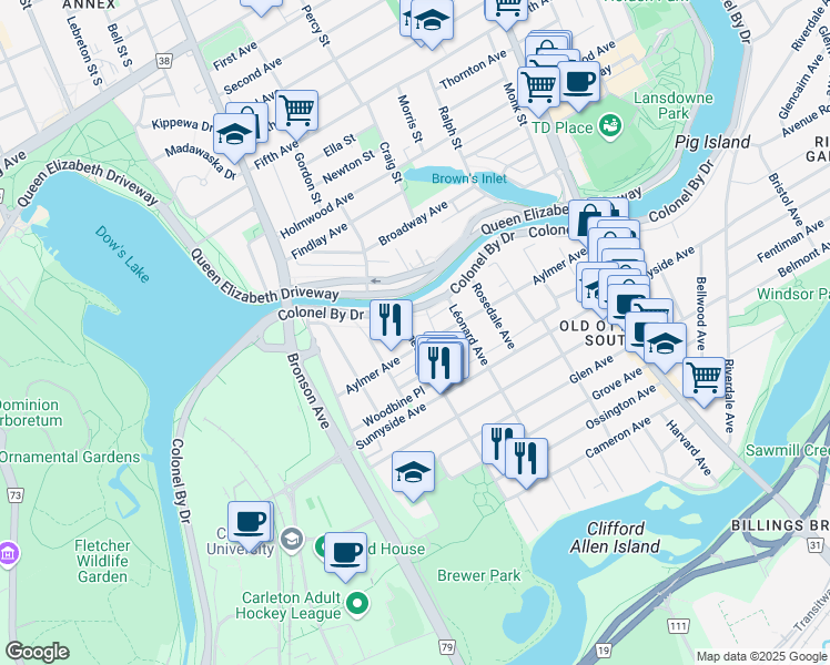 map of restaurants, bars, coffee shops, grocery stores, and more near 3 Seneca Street in Ottawa