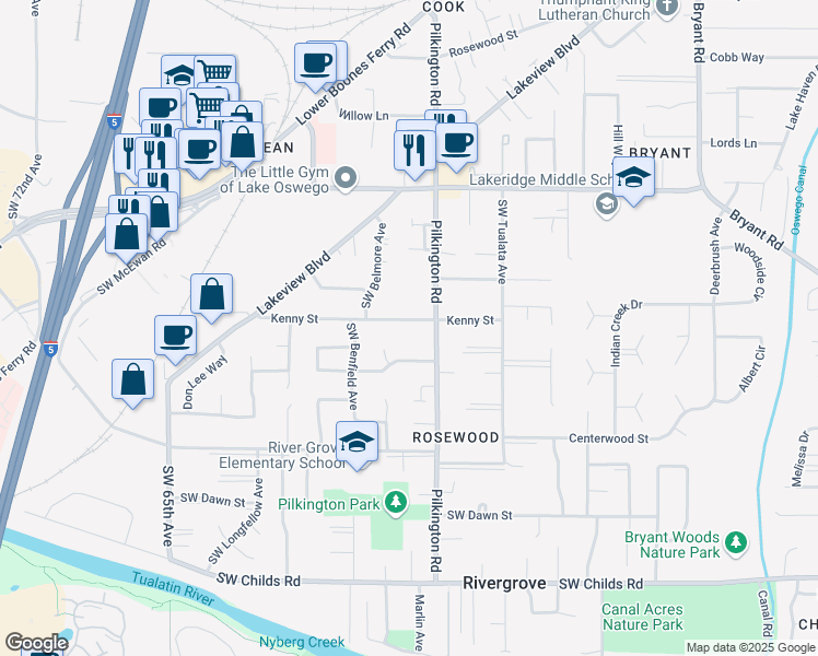 map of restaurants, bars, coffee shops, grocery stores, and more near 5526 Kenny Street in Lake Oswego