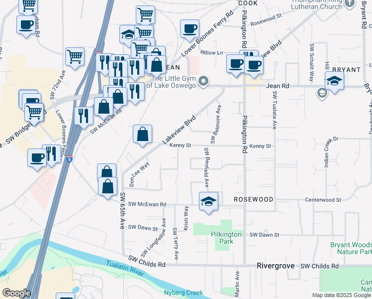 map of restaurants, bars, coffee shops, grocery stores, and more near 18238 Southwest Terry Avenue in Lake Oswego