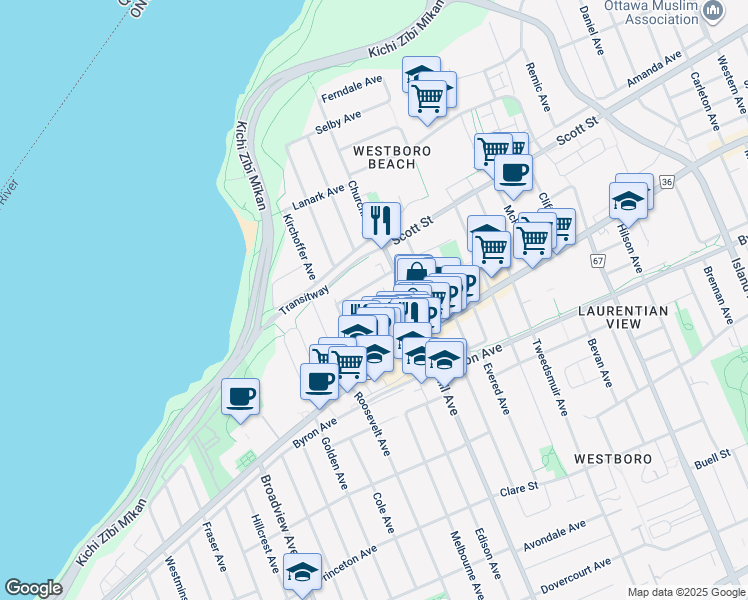 map of restaurants, bars, coffee shops, grocery stores, and more near in Ottawa