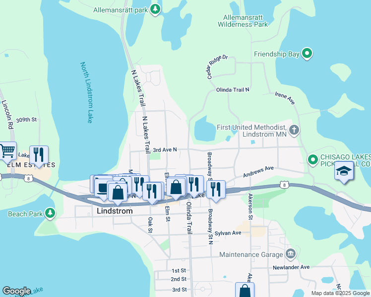 map of restaurants, bars, coffee shops, grocery stores, and more near 30760 Palmer Court in Lindstrom