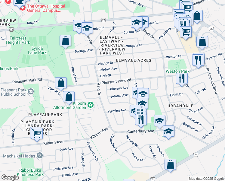 map of restaurants, bars, coffee shops, grocery stores, and more near 760 Dickens Avenue in Ottawa