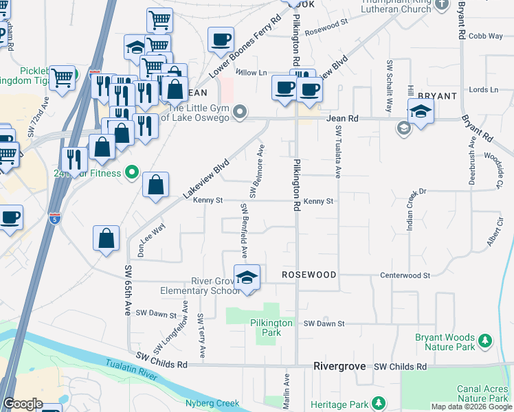 map of restaurants, bars, coffee shops, grocery stores, and more near 5734 Kenny Street in Lake Oswego