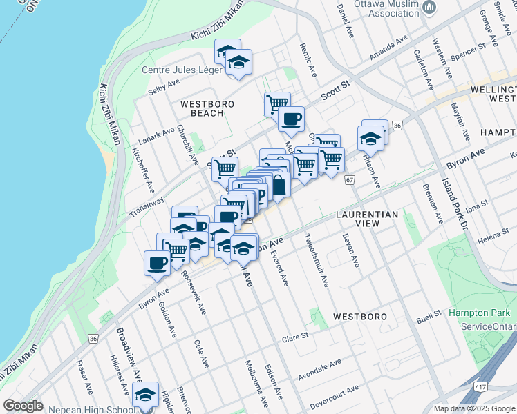 map of restaurants, bars, coffee shops, grocery stores, and more near in Ottawa
