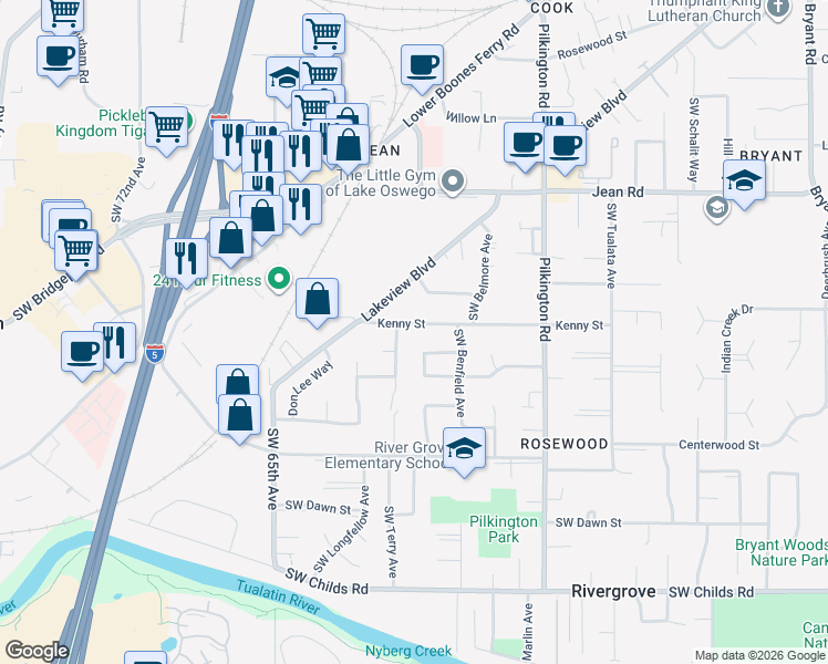 map of restaurants, bars, coffee shops, grocery stores, and more near 18238 Southwest Terry Avenue in Lake Oswego