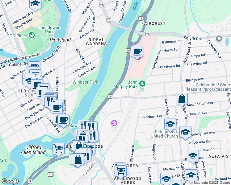 map of restaurants, bars, coffee shops, grocery stores, and more near 2043 Riverside Drive in Ottawa