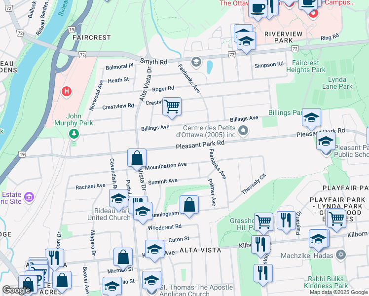 map of restaurants, bars, coffee shops, grocery stores, and more near 338 Pleasant Park Road in Ottawa