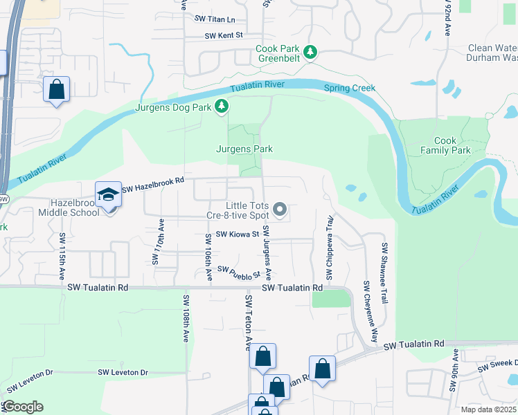 map of restaurants, bars, coffee shops, grocery stores, and more near 10270 Southwest Casteel Court in Tualatin