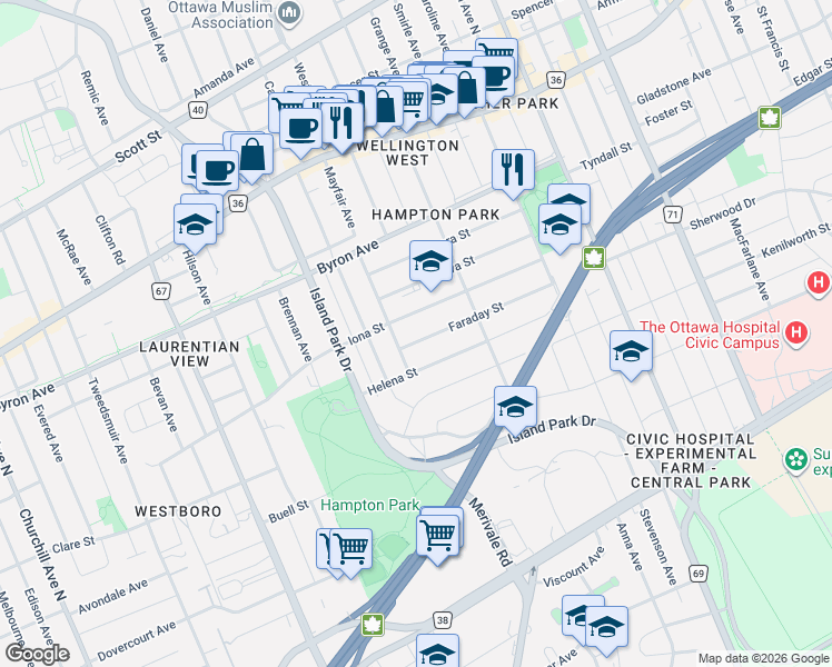 map of restaurants, bars, coffee shops, grocery stores, and more near in Ottawa