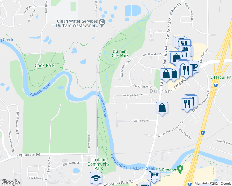 map of restaurants, bars, coffee shops, grocery stores, and more near 8125 Southwest Kingfisher Way in Portland