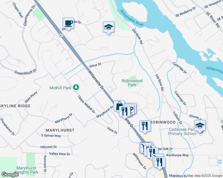 map of restaurants, bars, coffee shops, grocery stores, and more near 18397 Shady Hollow Way in West Linn