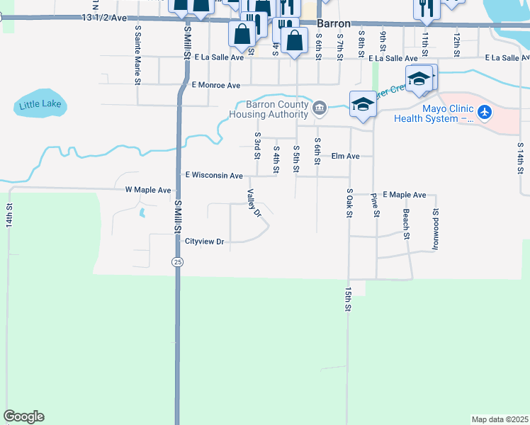 map of restaurants, bars, coffee shops, grocery stores, and more near 285 Cityview Drive in Barron