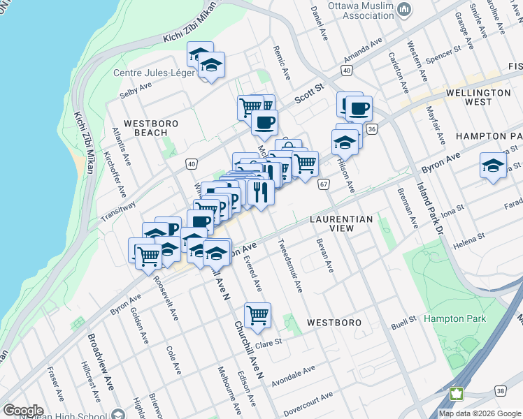 map of restaurants, bars, coffee shops, grocery stores, and more near 406 Tweedsmuir Avenue in Ottawa