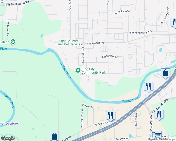 map of restaurants, bars, coffee shops, grocery stores, and more near 17466 Southwest 135th Place in King City