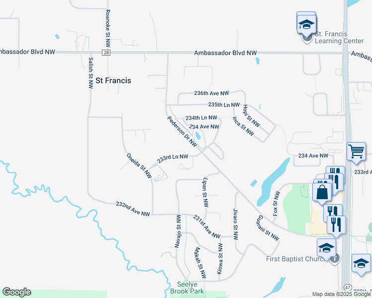map of restaurants, bars, coffee shops, grocery stores, and more near 4553 233rd Lane Northwest in Saint Francis