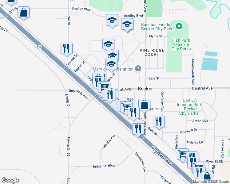 map of restaurants, bars, coffee shops, grocery stores, and more near 13791 Central Avenue in Becker