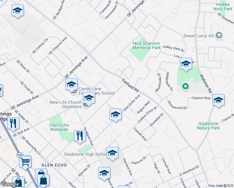 map of restaurants, bars, coffee shops, grocery stores, and more near 6430 Caldwell Road in Gladstone