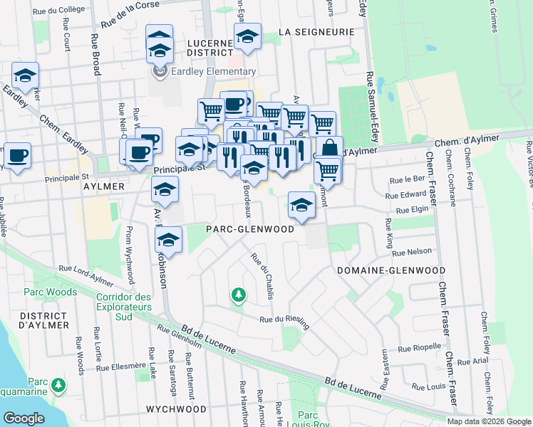 map of restaurants, bars, coffee shops, grocery stores, and more near 7 Rue du Malbec in Gatineau