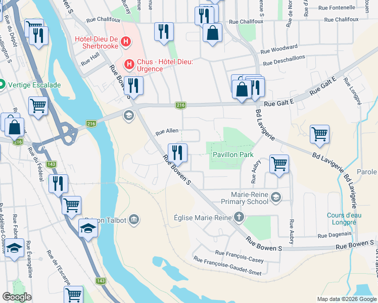 map of restaurants, bars, coffee shops, grocery stores, and more near 542 Rue Chevrier in Sherbrooke