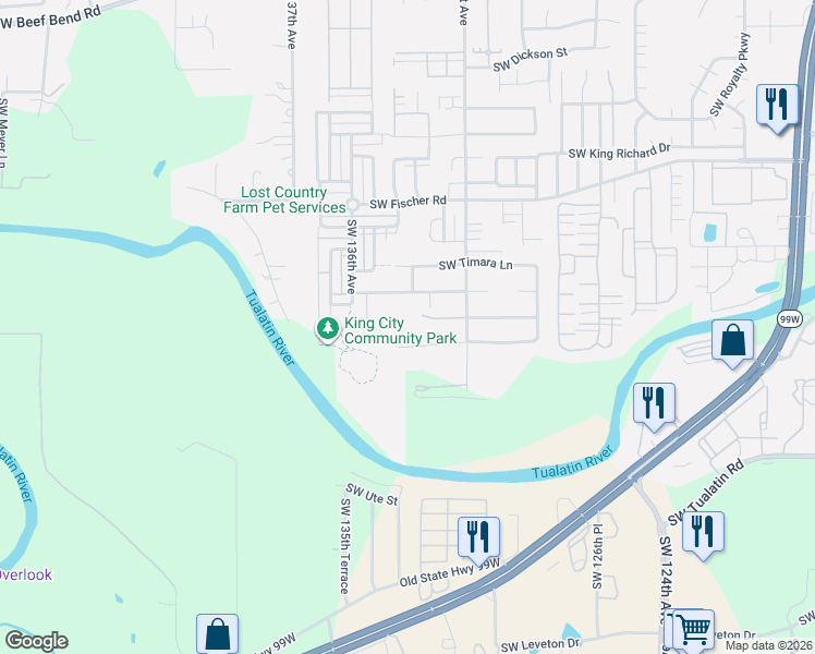 map of restaurants, bars, coffee shops, grocery stores, and more near 13352 Southwest Bradley Lane in Tigard