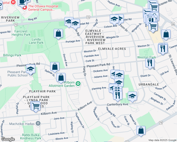 map of restaurants, bars, coffee shops, grocery stores, and more near 2105 Haig Drive in Ottawa