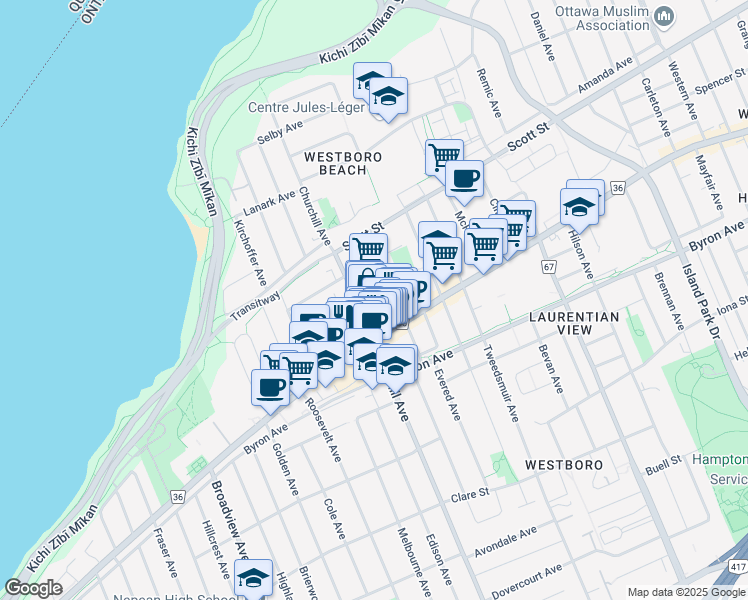 map of restaurants, bars, coffee shops, grocery stores, and more near 346 Madison Avenue in Ottawa