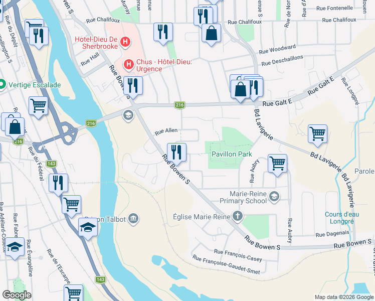 map of restaurants, bars, coffee shops, grocery stores, and more near 542 Rue Chevrier in Sherbrooke