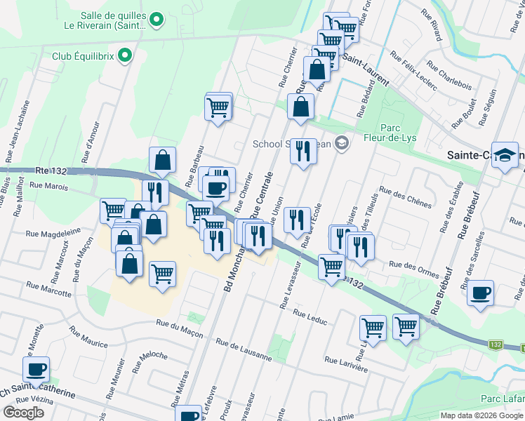 map of restaurants, bars, coffee shops, grocery stores, and more near 1805 Rue Centrale in Sainte-Catherine