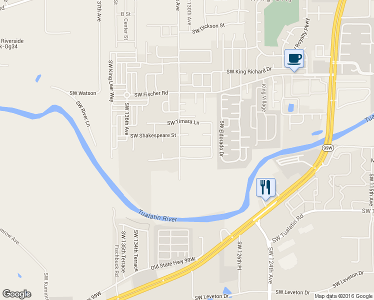 map of restaurants, bars, coffee shops, grocery stores, and more near 13064 Southwest Bradley Lane in Tigard