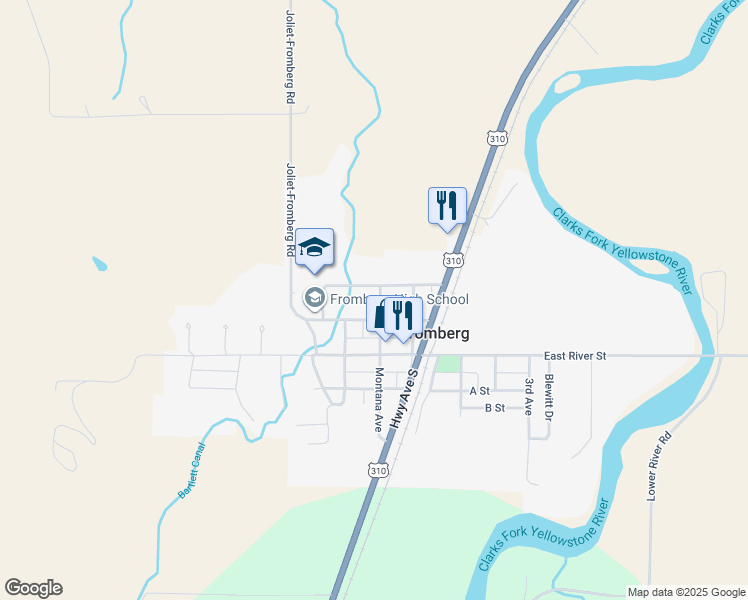 map of restaurants, bars, coffee shops, grocery stores, and more near 10 Montana Avenue in Fromberg