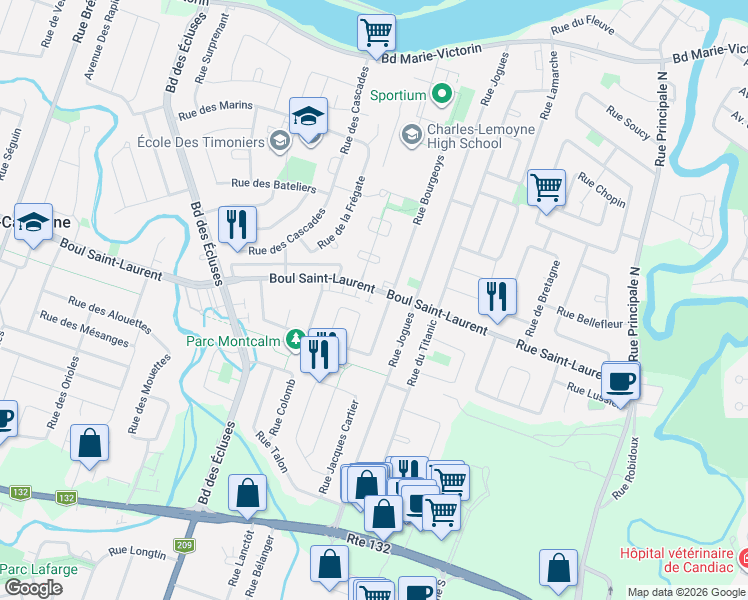 map of restaurants, bars, coffee shops, grocery stores, and more near 3605 Boulevard Saint-Laurent in Sainte-Catherine