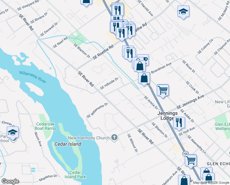 map of restaurants, bars, coffee shops, grocery stores, and more near 4208 Southeast Boardman Avenue in Milwaukie