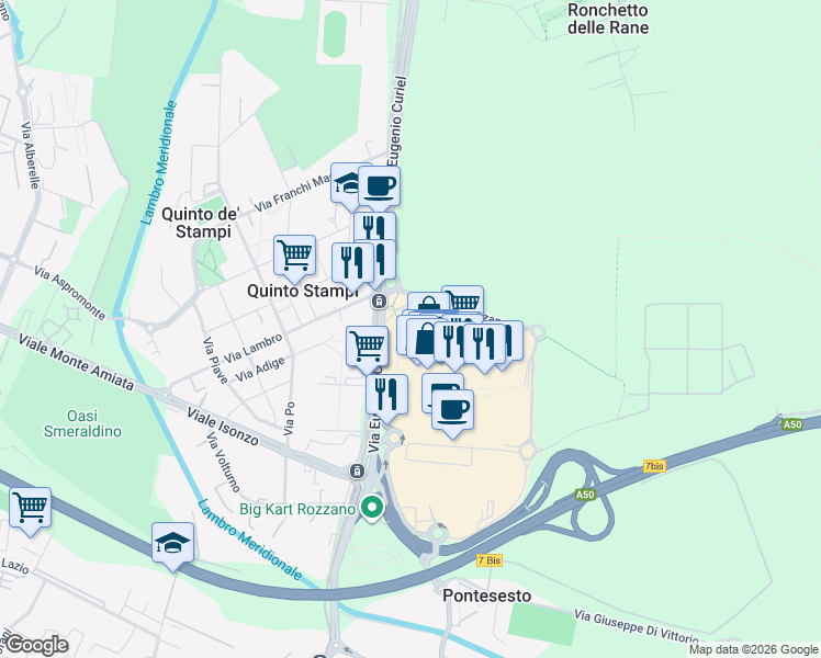 map of restaurants, bars, coffee shops, grocery stores, and more near 25 Via Eugenio Curiel in Rozzano