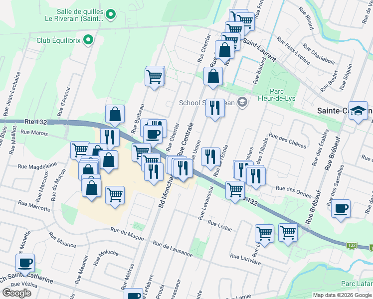 map of restaurants, bars, coffee shops, grocery stores, and more near 1805 Rue Centrale in Sainte-Catherine
