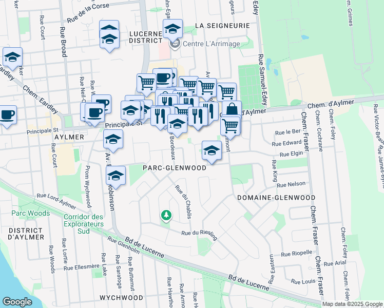 map of restaurants, bars, coffee shops, grocery stores, and more near 73 Rue de la Terrasse in Gatineau