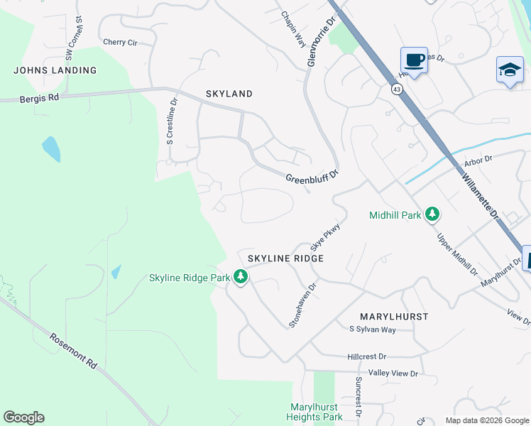 map of restaurants, bars, coffee shops, grocery stores, and more near 18028 Skyland Circle in Lake Oswego