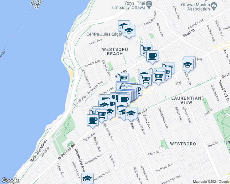 map of restaurants, bars, coffee shops, grocery stores, and more near 346 Madison Avenue in Ottawa