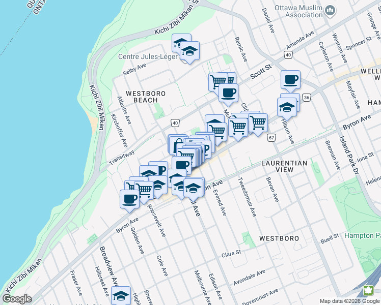 map of restaurants, bars, coffee shops, grocery stores, and more near 305 Picton Avenue in Ottawa