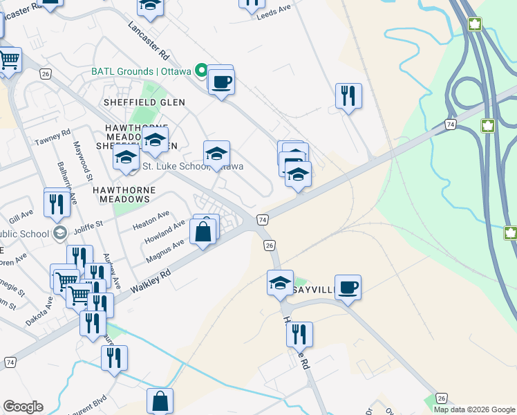 map of restaurants, bars, coffee shops, grocery stores, and more near 2669 Southvale Crescent in Ottawa