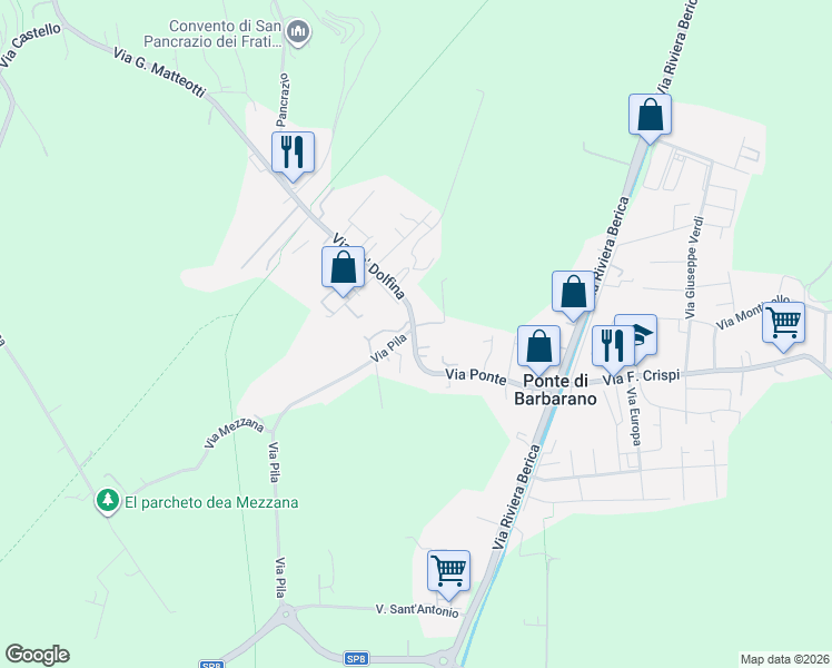 map of restaurants, bars, coffee shops, grocery stores, and more near 9 Via Pila in Ponte di Barbarano