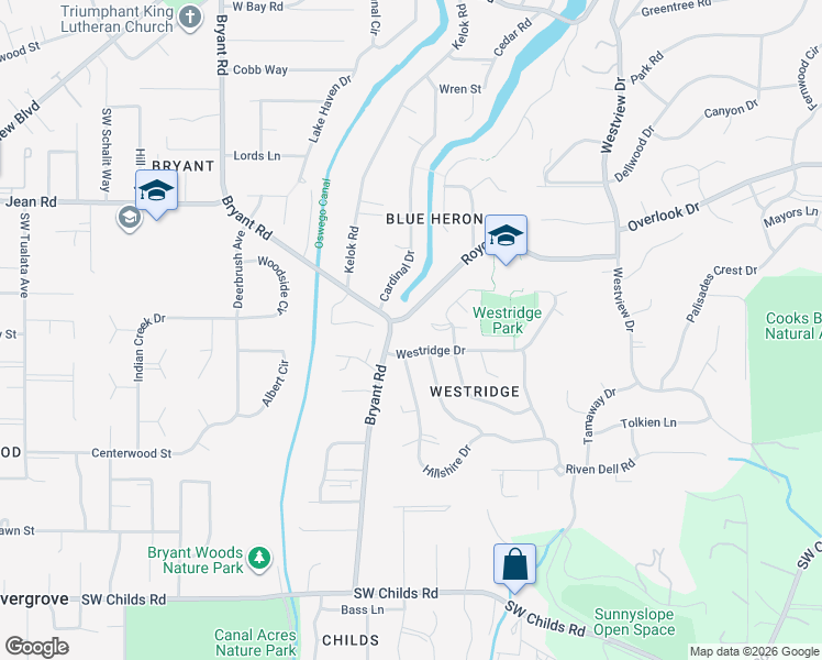 map of restaurants, bars, coffee shops, grocery stores, and more near 11 Westridge Drive in Lake Oswego