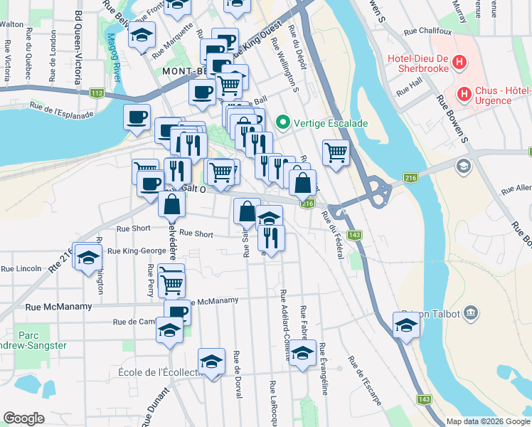 map of restaurants, bars, coffee shops, grocery stores, and more near Rue LaRocque in Sherbrooke