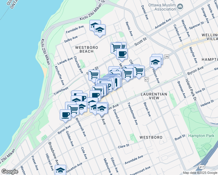 map of restaurants, bars, coffee shops, grocery stores, and more near in Ottawa