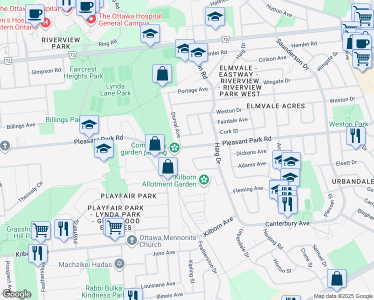 map of restaurants, bars, coffee shops, grocery stores, and more near 668 Pleasant Park Road in Ottawa