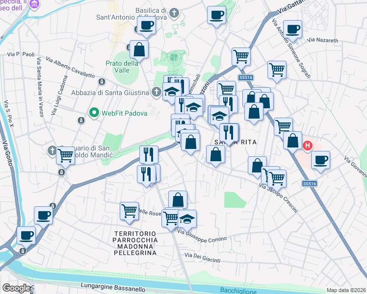 map of restaurants, bars, coffee shops, grocery stores, and more near 2 Via Jacopo Crescini in Padova