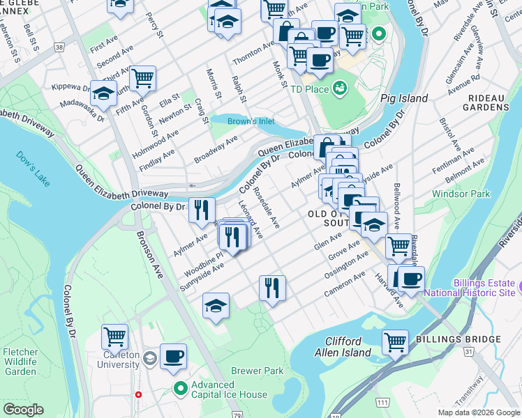map of restaurants, bars, coffee shops, grocery stores, and more near in Ottawa