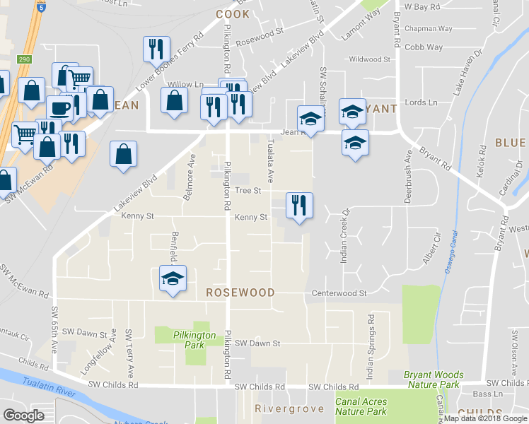 map of restaurants, bars, coffee shops, grocery stores, and more near 5293 Kenny Street in Lake Oswego