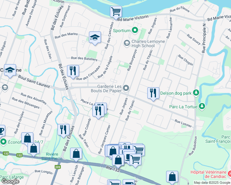 map of restaurants, bars, coffee shops, grocery stores, and more near 3605 Boulevard Saint-Laurent in Sainte-Catherine